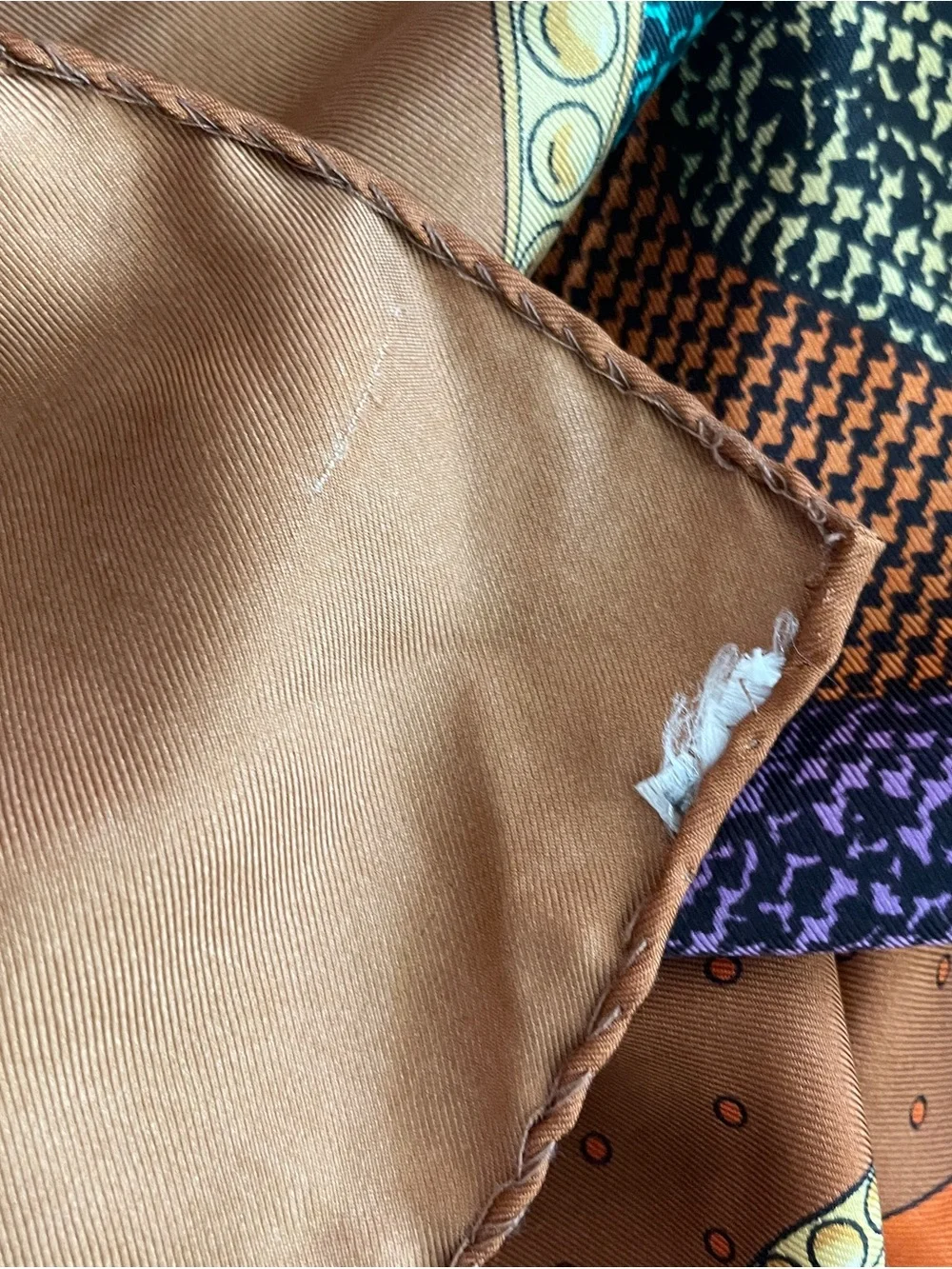 Dior Brown Orange Purple Teal Paisley Logo Silk Scarf
